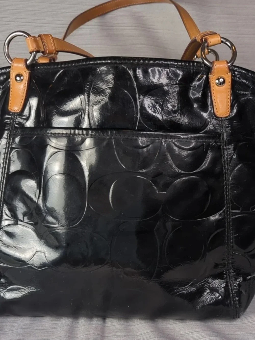 COACH Signature LEAH Black Embossed Patent Leather Logo SHOULDER TOTE BAG F14663